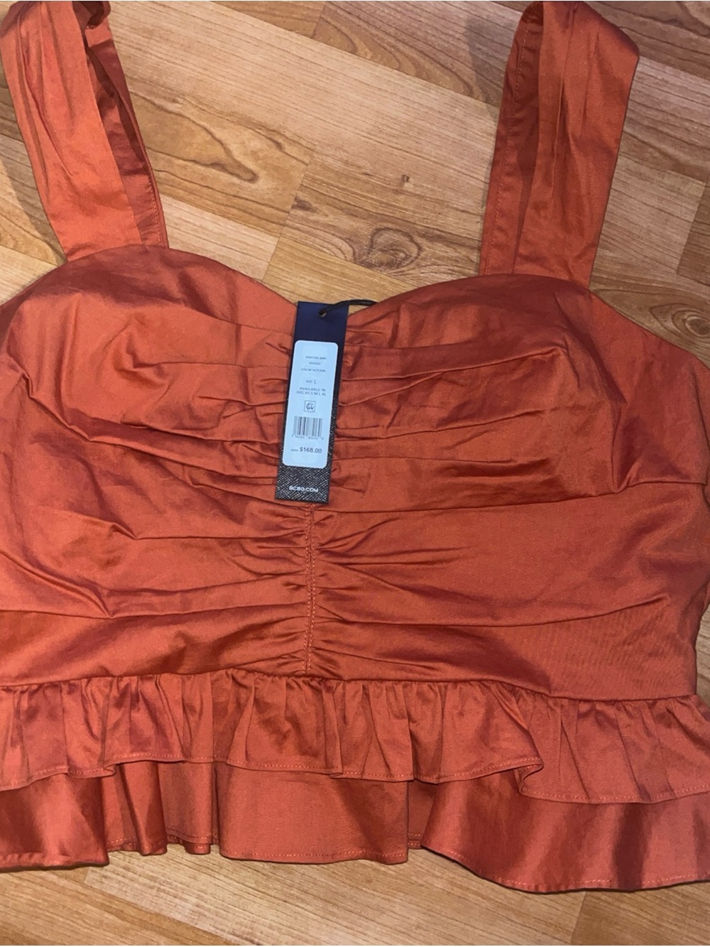 BGMAXAZRIA Ruched Crop Peplum Top Color Autumn Size L MSRP $168